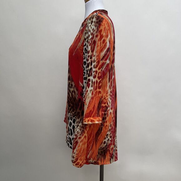 Zac & Rachel Womens Asymmetirical Top Large Red Orange Brown Beige Animal Print - Picture 2 of 9
